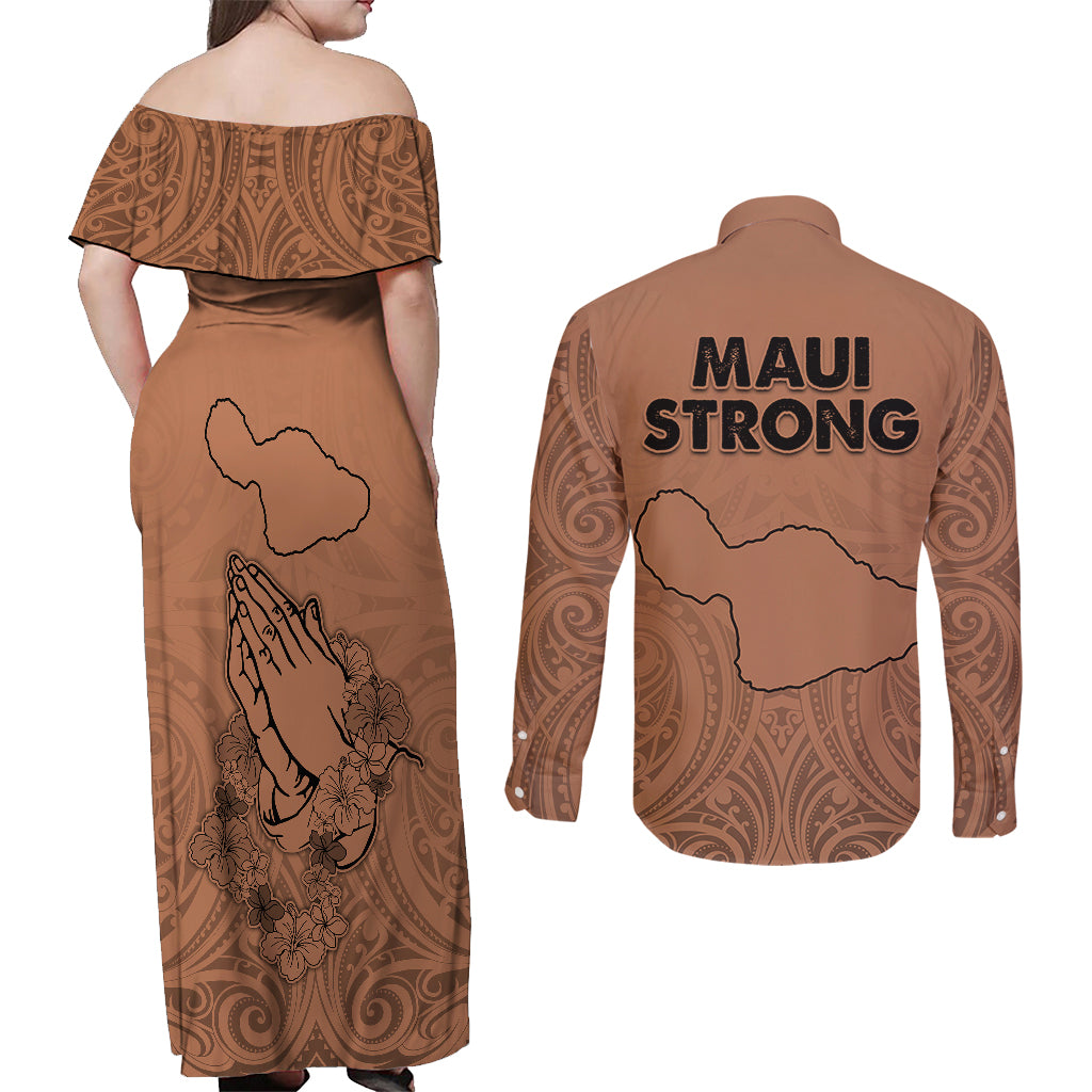 Hawaii Strong Maui Wildfire Couples Matching Off Shoulder Maxi Dress and Long Sleeve Button Shirts No1 LT9 - Wonder Print Shop