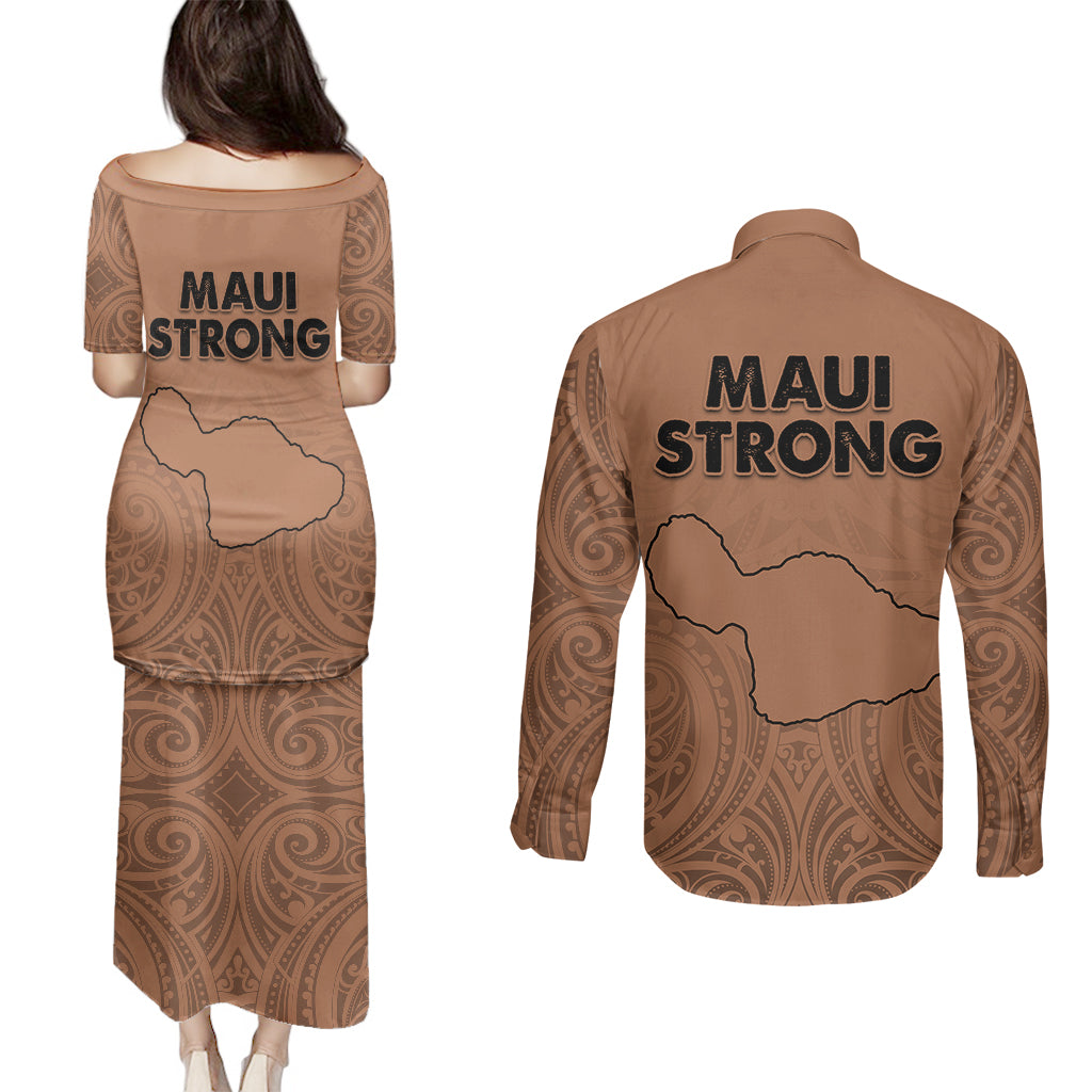 Hawaii Strong Maui Wildfire Couples Matching Puletasi Dress and Long Sleeve Button Shirts No1 LT9 - Wonder Print Shop