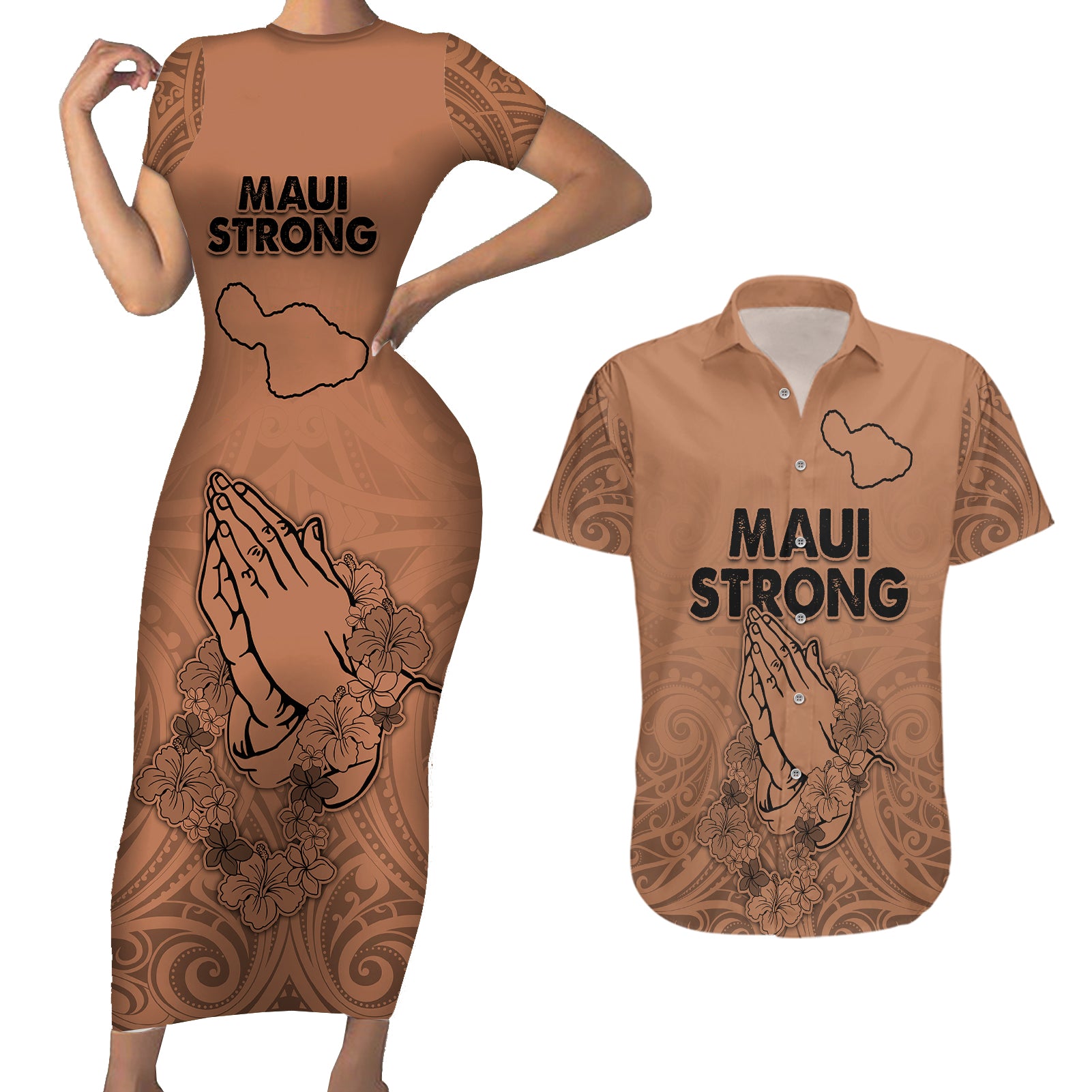 Hawaii Strong Maui Wildfire Couples Matching Short Sleeve Bodycon Dress and Hawaiian Shirt No1 LT9 - Wonder Print Shop