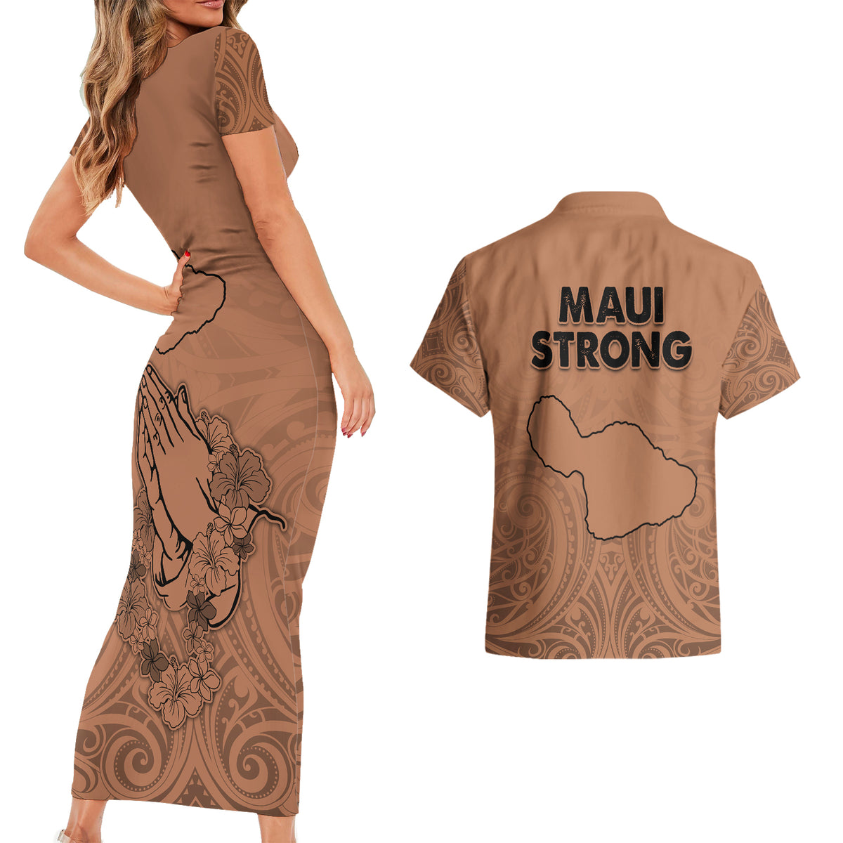 Hawaii Strong Maui Wildfire Couples Matching Short Sleeve Bodycon Dress and Hawaiian Shirt No1 LT9 - Wonder Print Shop
