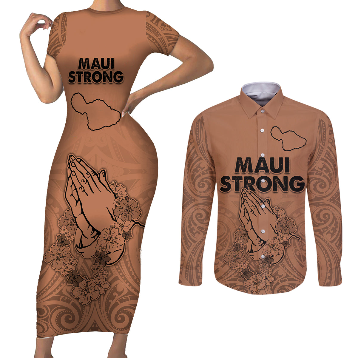 Hawaii Strong Maui Wildfire Couples Matching Short Sleeve Bodycon Dress and Long Sleeve Button Shirts No1 LT9 - Wonder Print Shop