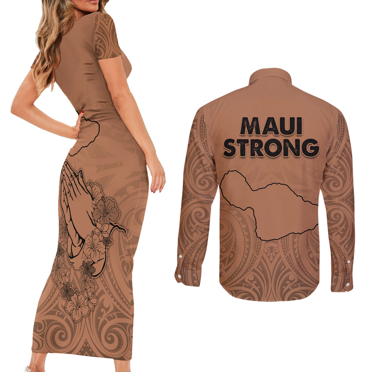 Hawaii Strong Maui Wildfire Couples Matching Short Sleeve Bodycon Dress and Long Sleeve Button Shirts No1 LT9 - Wonder Print Shop
