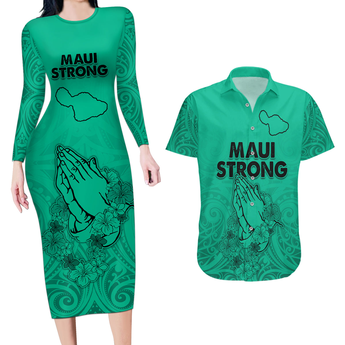 Hawaii Strong Maui Wildfire Couples Matching Long Sleeve Bodycon Dress and Hawaiian Shirt No2 LT9 - Wonder Print Shop