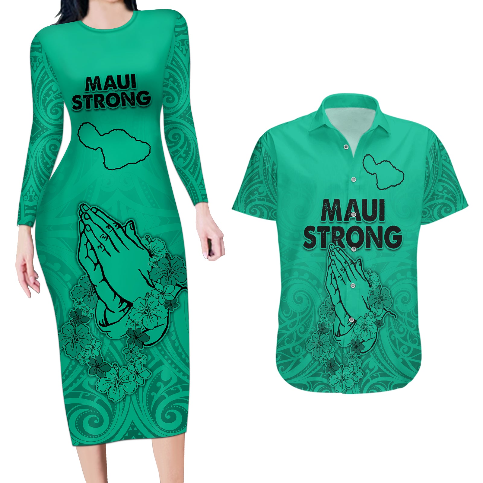 Hawaii Strong Maui Wildfire Couples Matching Long Sleeve Bodycon Dress and Hawaiian Shirt No2 LT9 - Wonder Print Shop