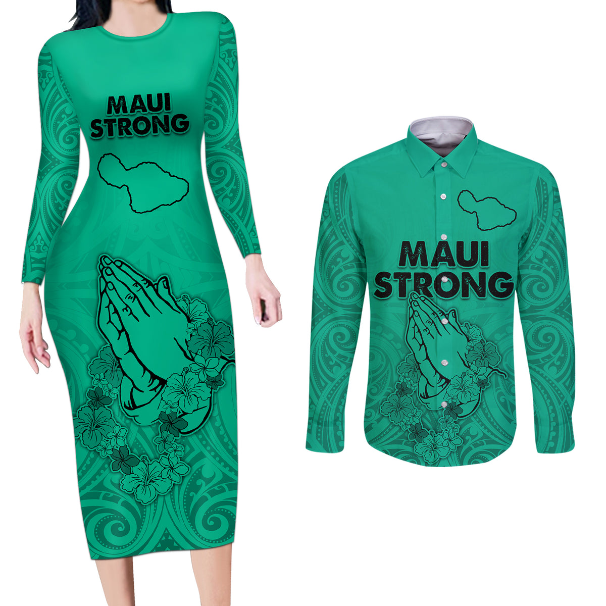 Hawaii Strong Maui Wildfire Couples Matching Long Sleeve Bodycon Dress and Long Sleeve Button Shirts No2 LT9 - Wonder Print Shop