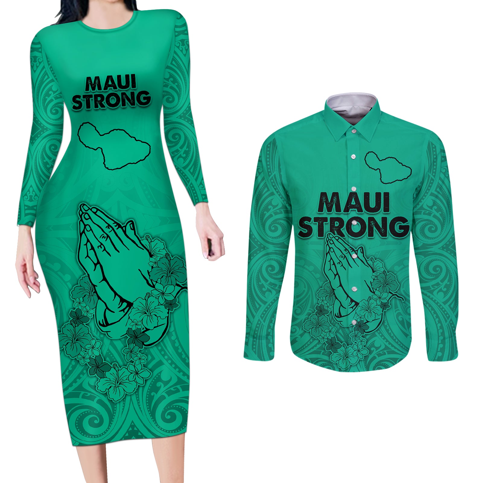 Hawaii Strong Maui Wildfire Couples Matching Long Sleeve Bodycon Dress and Long Sleeve Button Shirts No2 LT9 - Wonder Print Shop