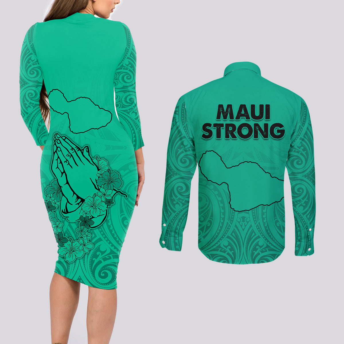 Hawaii Strong Maui Wildfire Couples Matching Long Sleeve Bodycon Dress and Long Sleeve Button Shirts No2 LT9 - Wonder Print Shop