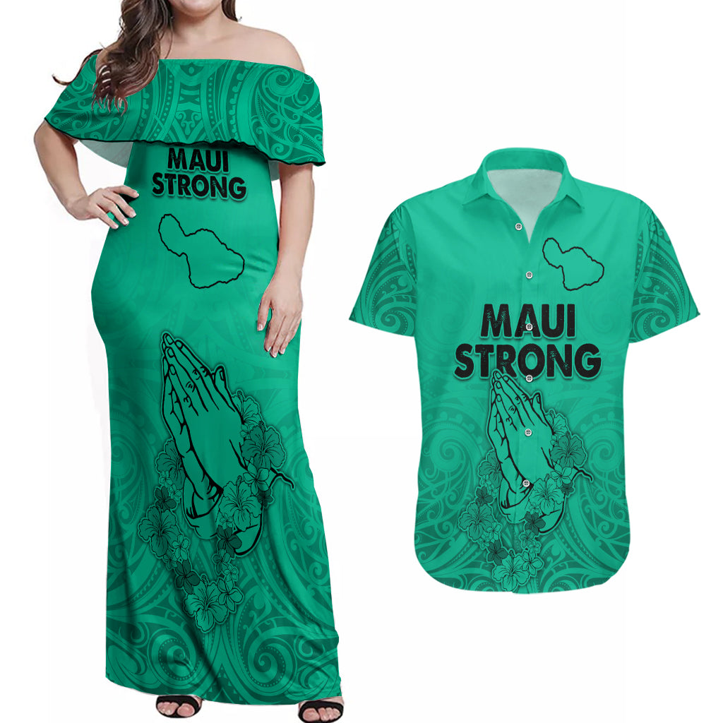 Hawaii Strong Maui Wildfire Couples Matching Off Shoulder Maxi Dress and Hawaiian Shirt No2 LT9 - Wonder Print Shop