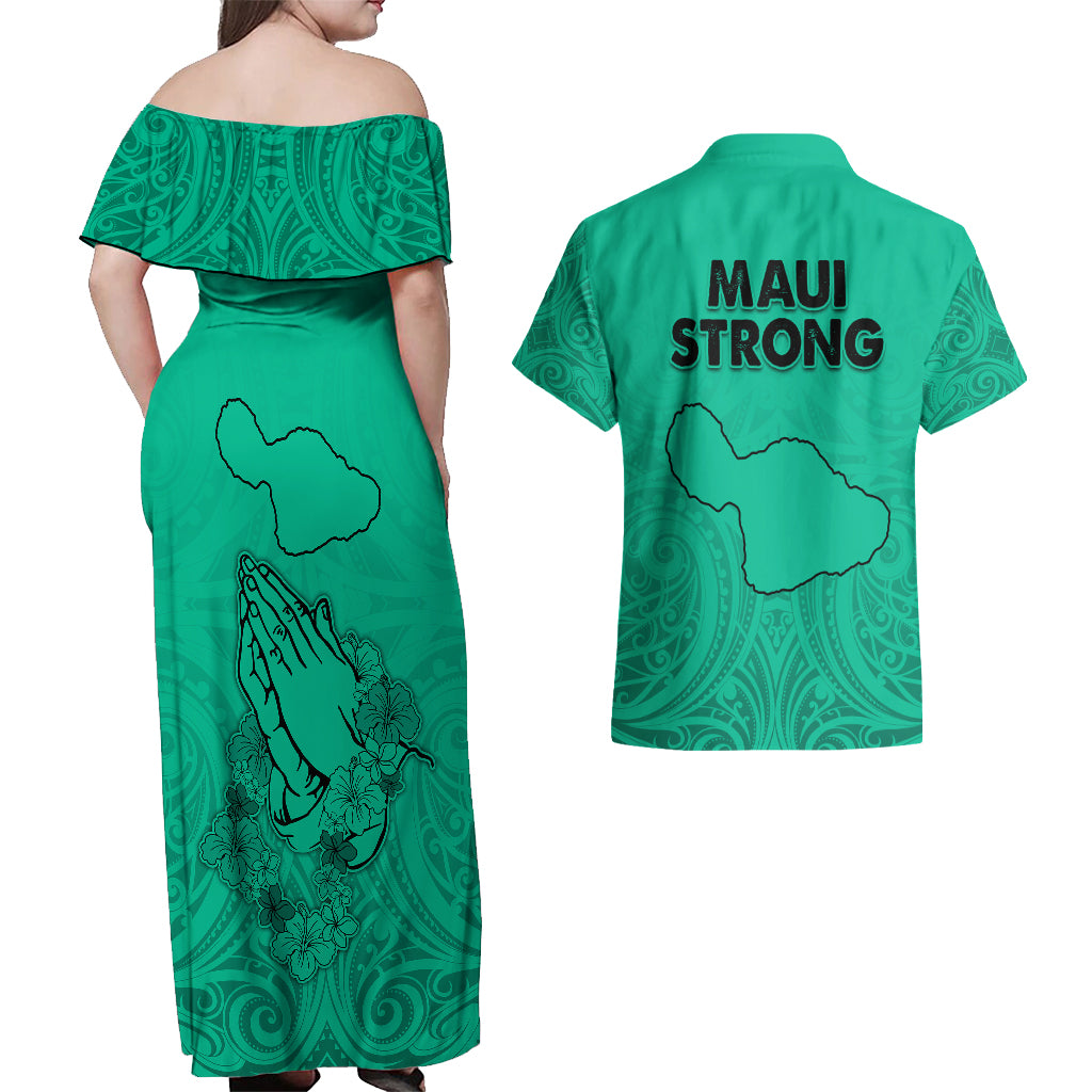 Hawaii Strong Maui Wildfire Couples Matching Off Shoulder Maxi Dress and Hawaiian Shirt No2 LT9 - Wonder Print Shop