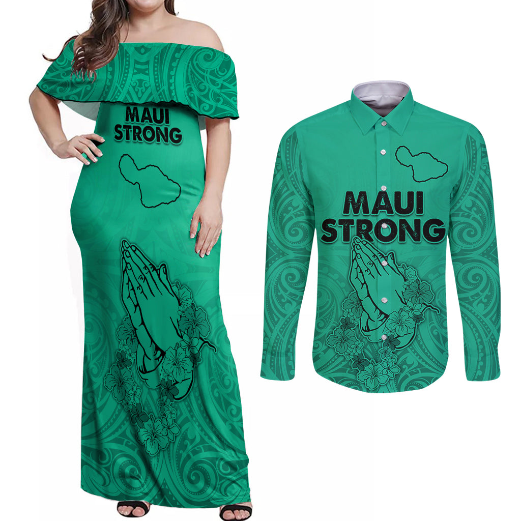 Hawaii Strong Maui Wildfire Couples Matching Off Shoulder Maxi Dress and Long Sleeve Button Shirts No2 LT9 - Wonder Print Shop