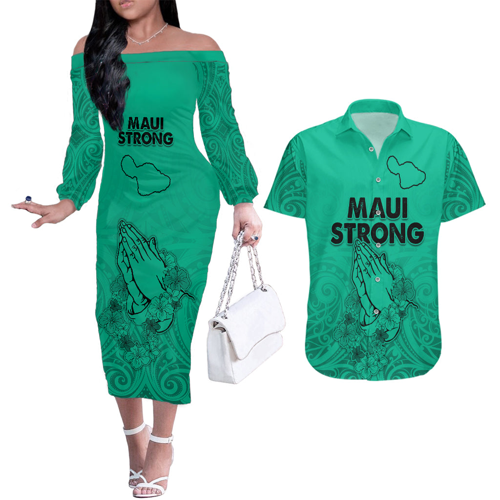 Hawaii Strong Maui Wildfire Couples Matching Off The Shoulder Long Sleeve Dress and Hawaiian Shirt No2 LT9 - Wonder Print Shop