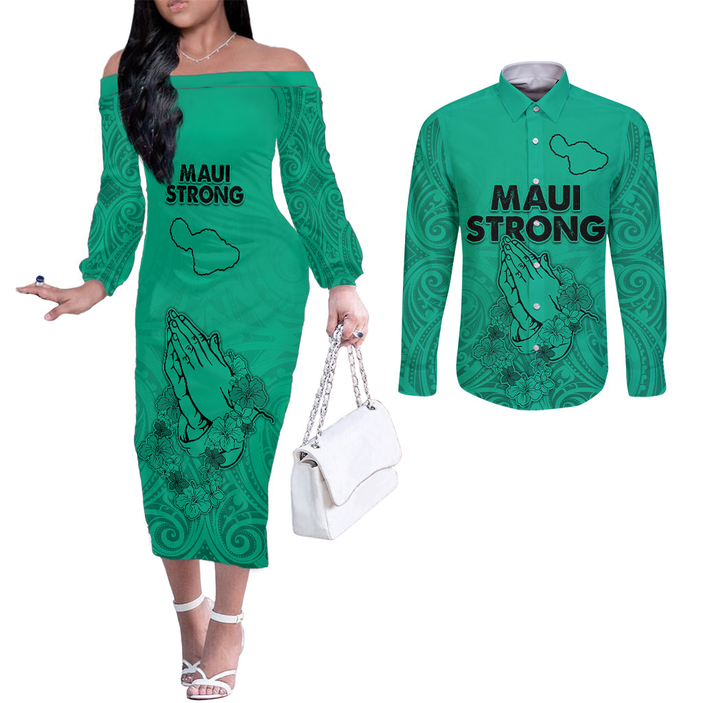 hawaii-strong-maui-wildfire-couples-matching-off-the-shoulder-long-sleeve-dress-and-long-sleeve-button-shirts-no2