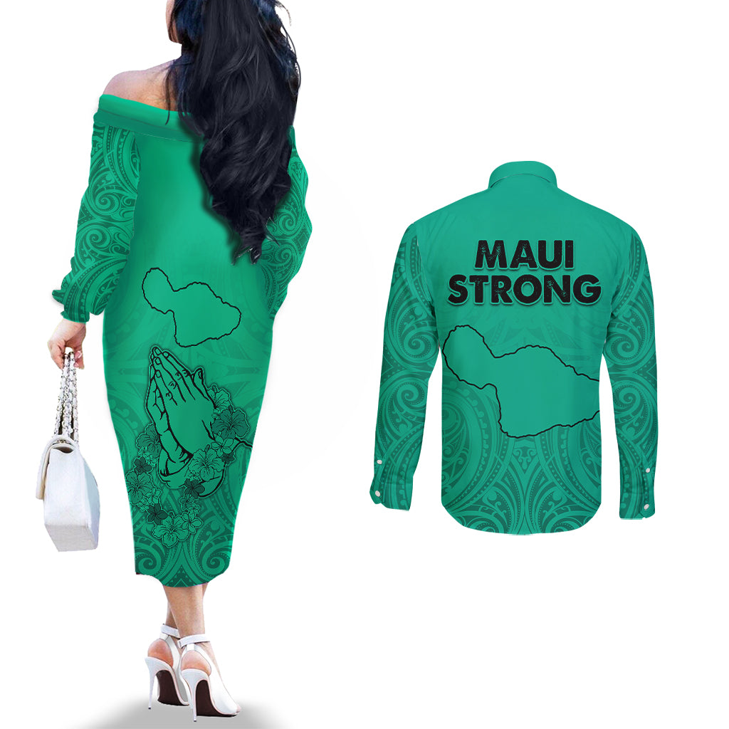 hawaii-strong-maui-wildfire-couples-matching-off-the-shoulder-long-sleeve-dress-and-long-sleeve-button-shirts-no2