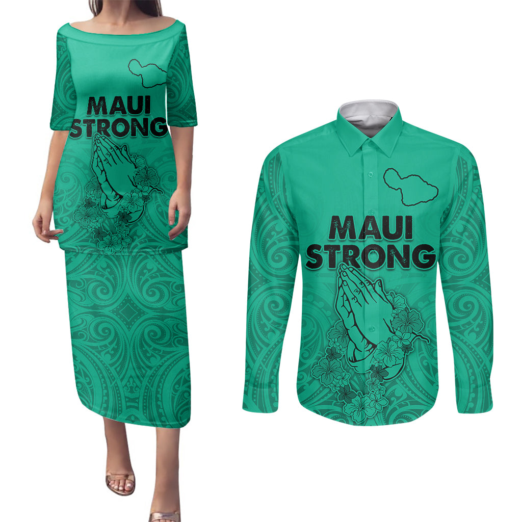 Hawaii Strong Maui Wildfire Couples Matching Puletasi Dress and Long Sleeve Button Shirts No2 LT9 - Wonder Print Shop