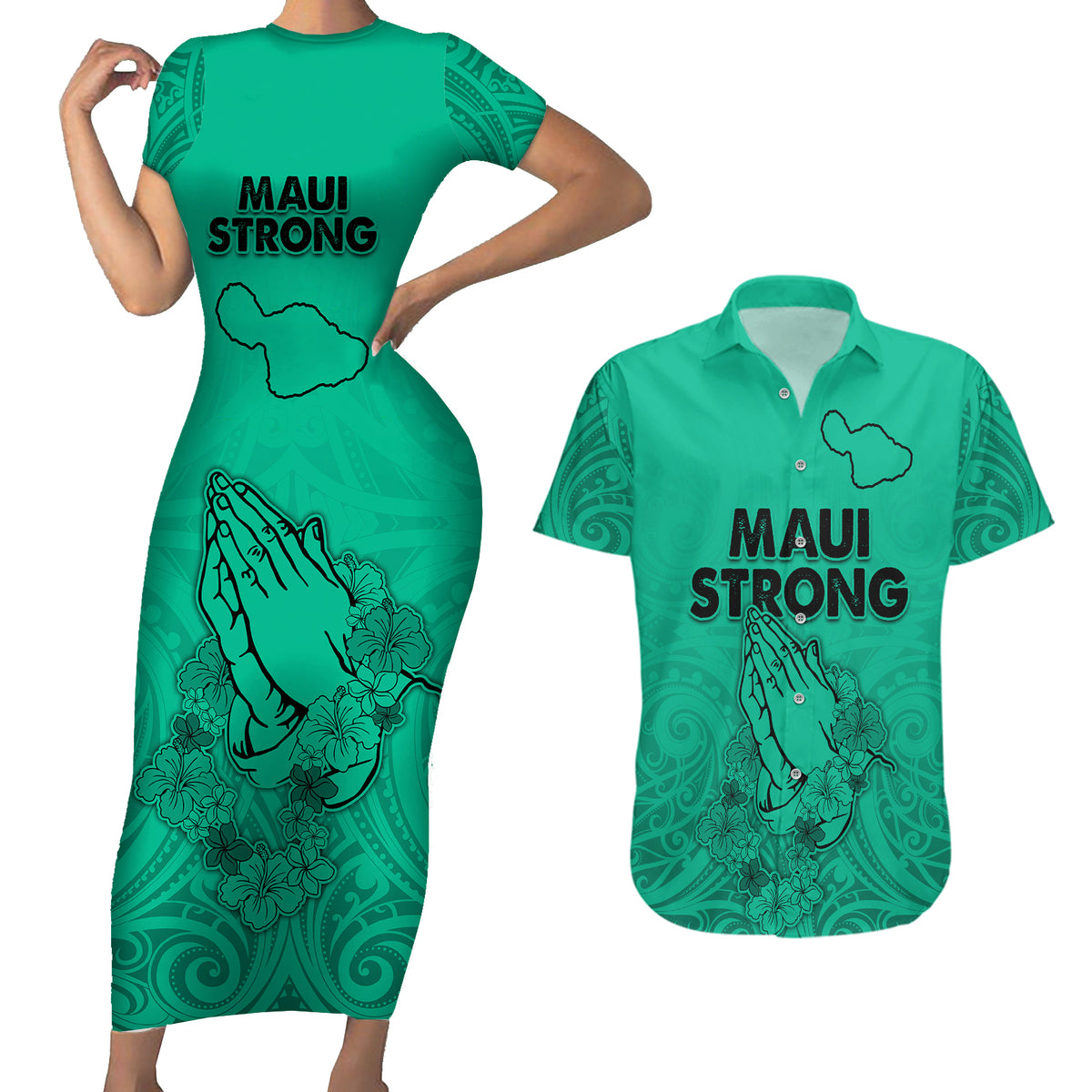 Hawaii Strong Maui Wildfire Couples Matching Short Sleeve Bodycon Dress and Hawaiian Shirt No2 LT9 - Wonder Print Shop