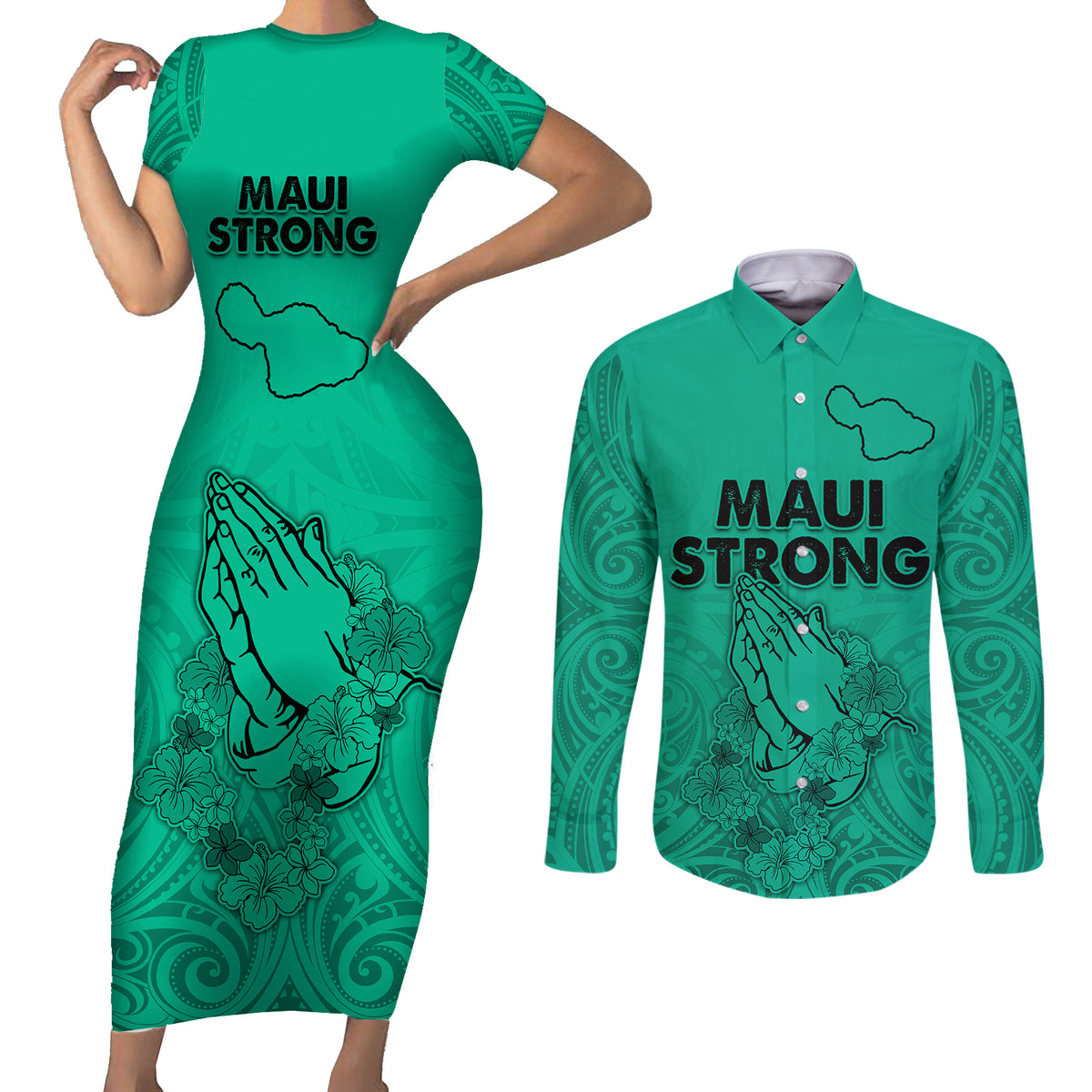 Hawaii Strong Maui Wildfire Couples Matching Short Sleeve Bodycon Dress and Long Sleeve Button Shirts No2 LT9 - Wonder Print Shop