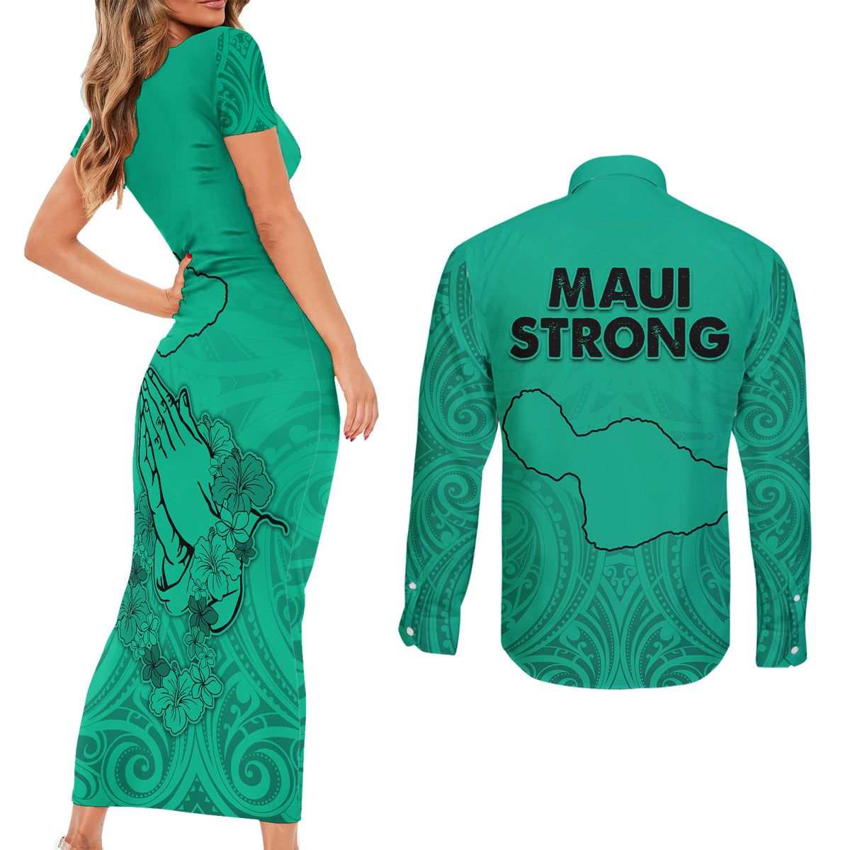 Hawaii Strong Maui Wildfire Couples Matching Short Sleeve Bodycon Dress and Long Sleeve Button Shirts No2 LT9 - Wonder Print Shop