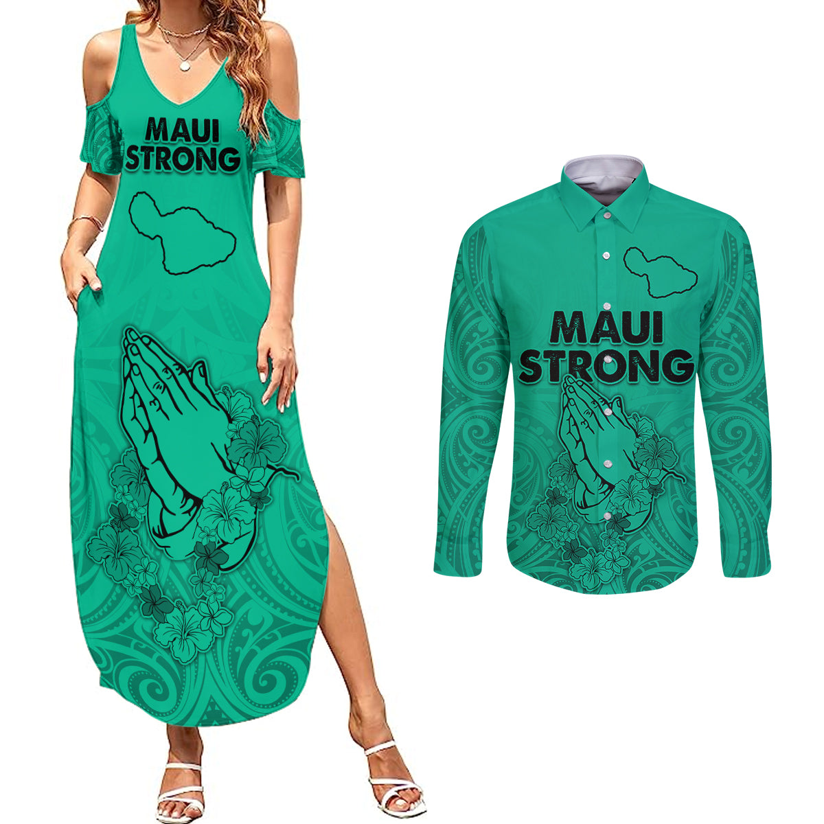 Hawaii Strong Maui Wildfire Couples Matching Summer Maxi Dress and Long Sleeve Button Shirts No2 LT9 - Wonder Print Shop