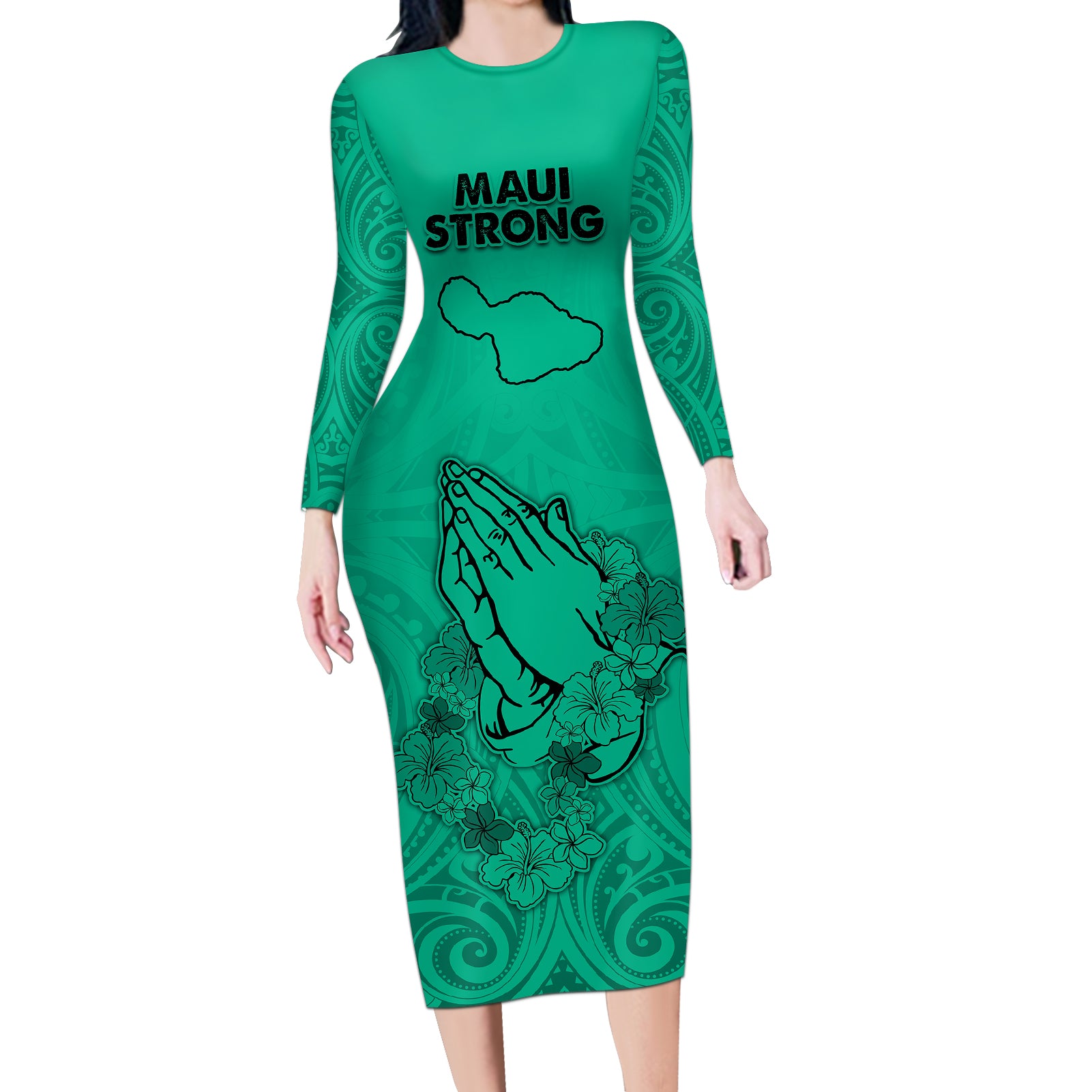 Hawaii Strong Maui Wildfire Long Sleeve Bodycon Dress No2 - Wonder Print Shop