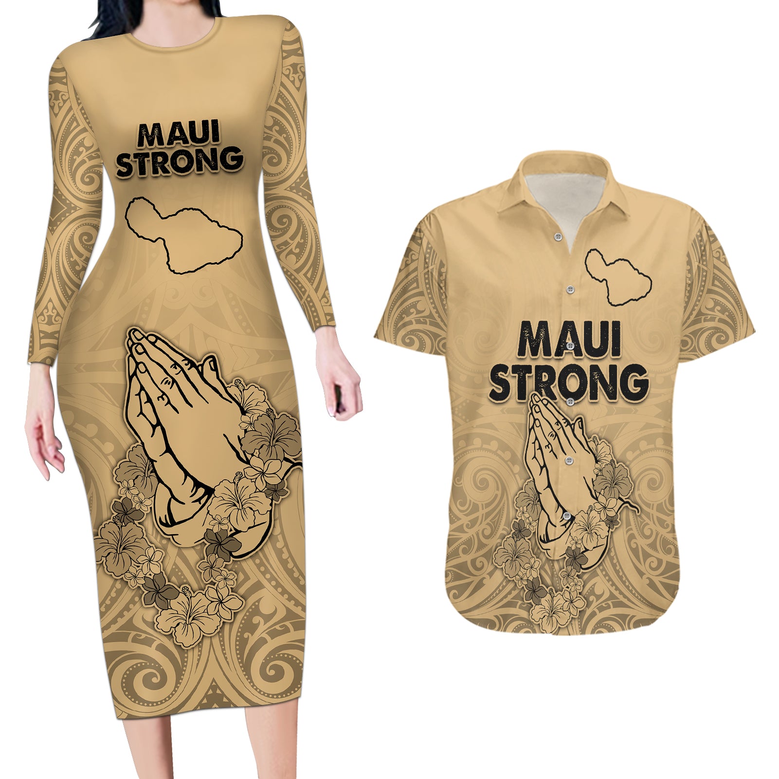 Hawaii Strong Maui Wildfire Couples Matching Long Sleeve Bodycon Dress and Hawaiian Shirt No3 LT9 - Wonder Print Shop