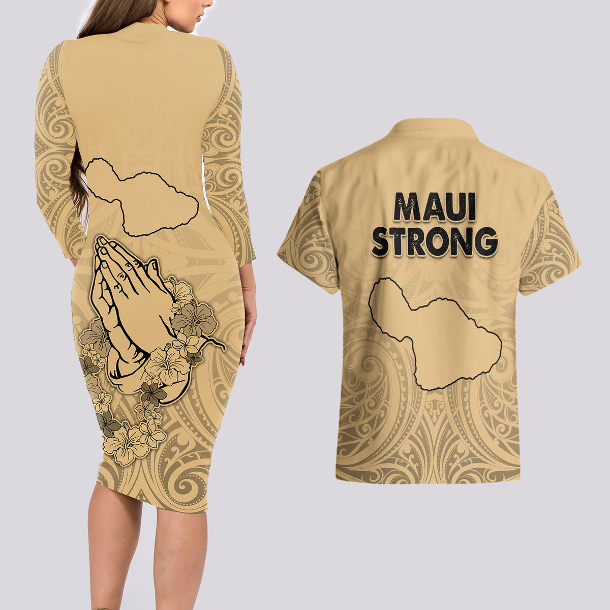 Hawaii Strong Maui Wildfire Couples Matching Long Sleeve Bodycon Dress and Hawaiian Shirt No3 LT9 - Wonder Print Shop