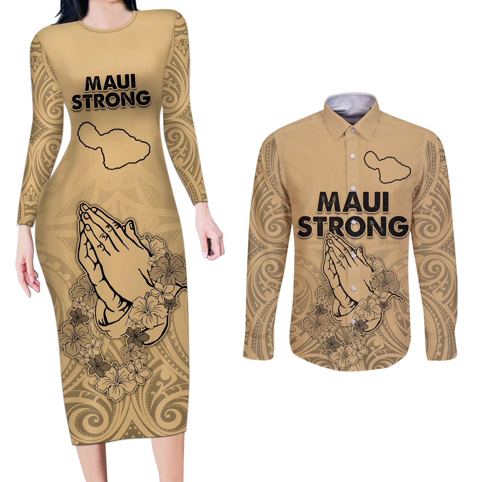 Hawaii Strong Maui Wildfire Couples Matching Long Sleeve Bodycon Dress and Long Sleeve Button Shirts No3 LT9 - Wonder Print Shop