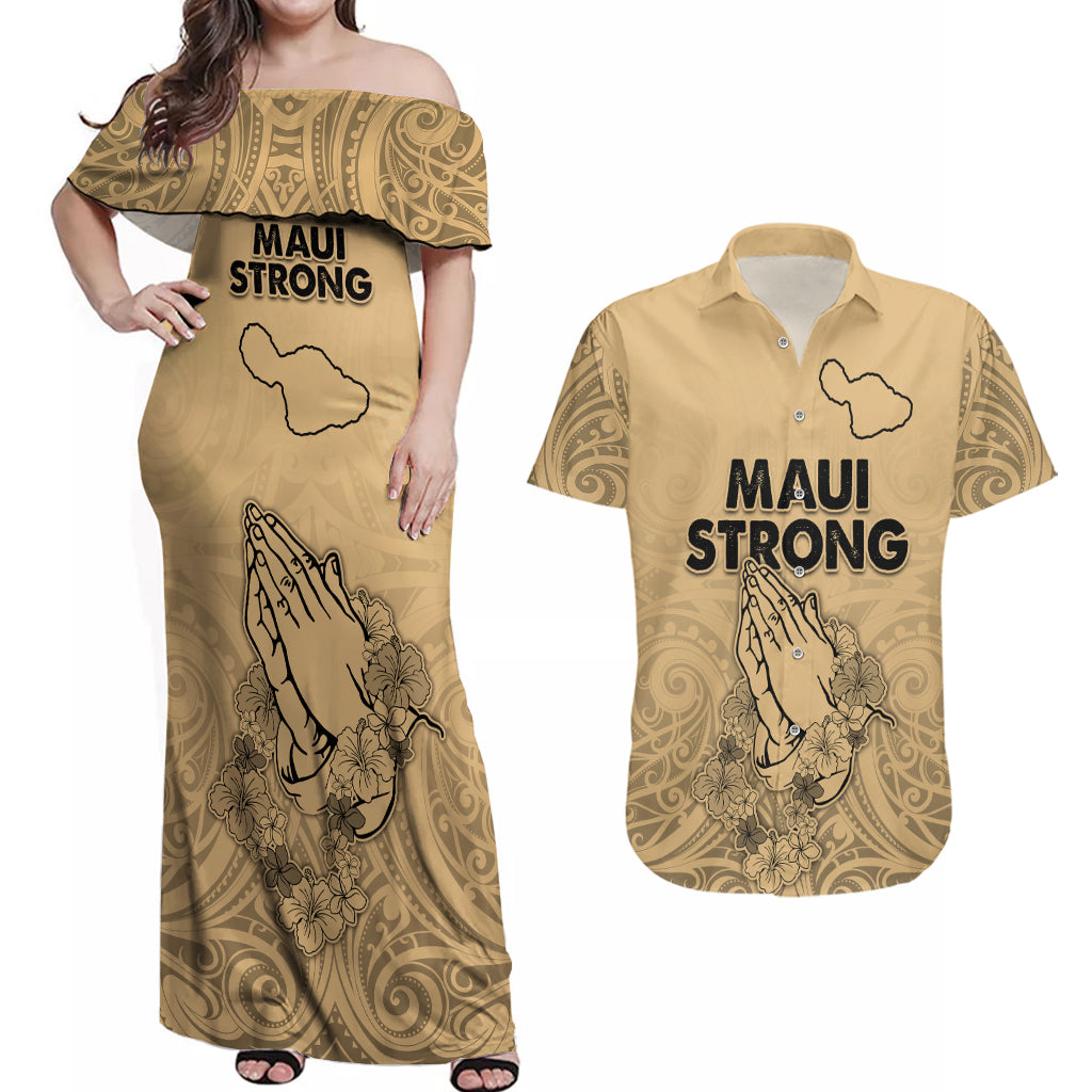 Hawaii Strong Maui Wildfire Couples Matching Off Shoulder Maxi Dress and Hawaiian Shirt No3 LT9 - Wonder Print Shop