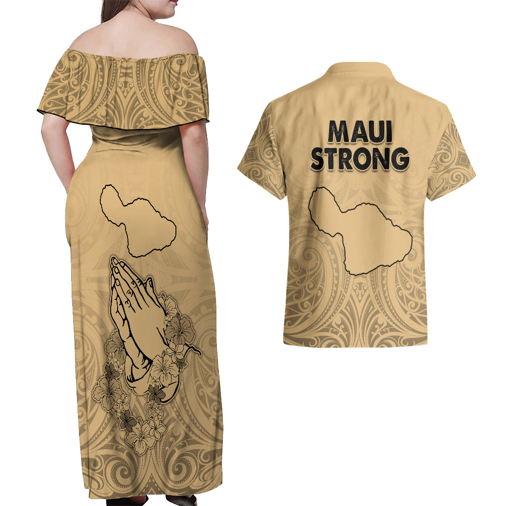 Hawaii Strong Maui Wildfire Couples Matching Off Shoulder Maxi Dress and Hawaiian Shirt No3 LT9 - Wonder Print Shop