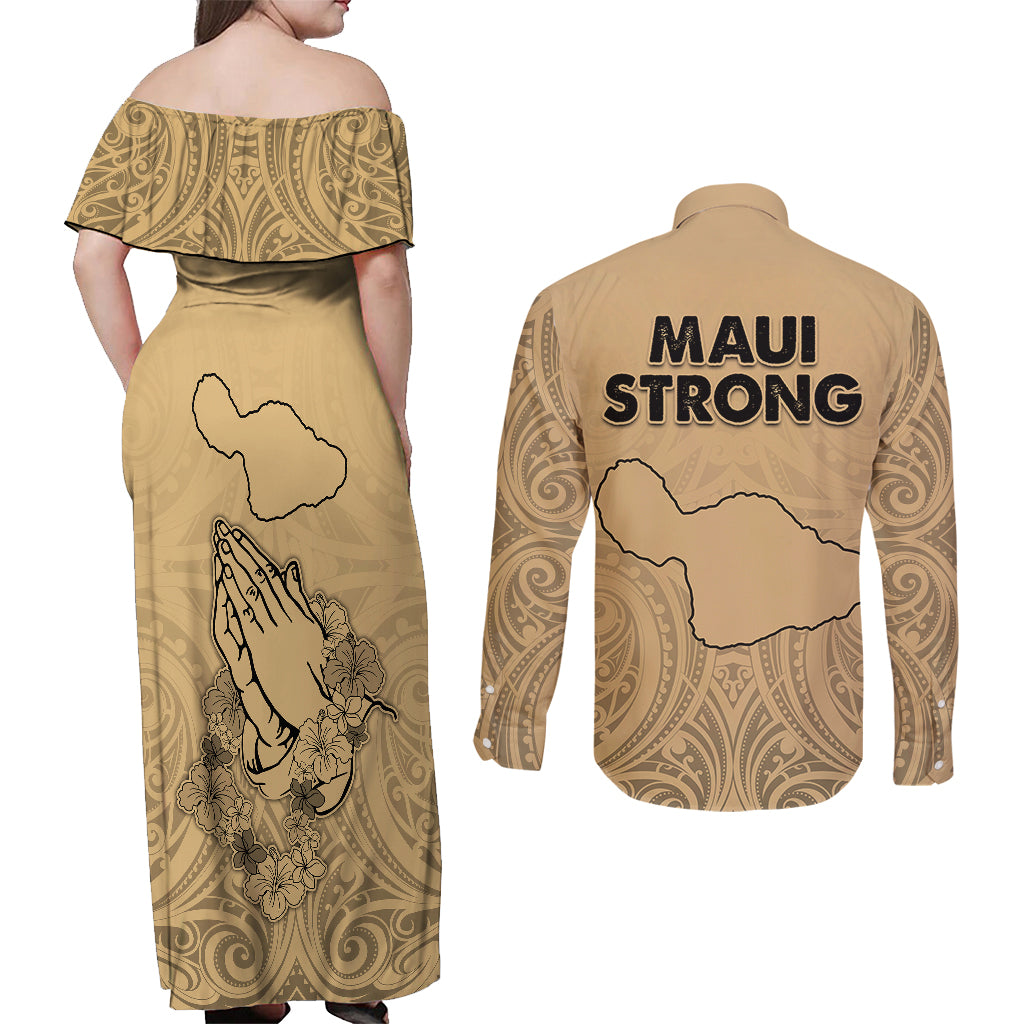 Hawaii Strong Maui Wildfire Couples Matching Off Shoulder Maxi Dress and Long Sleeve Button Shirts No3 LT9 - Wonder Print Shop