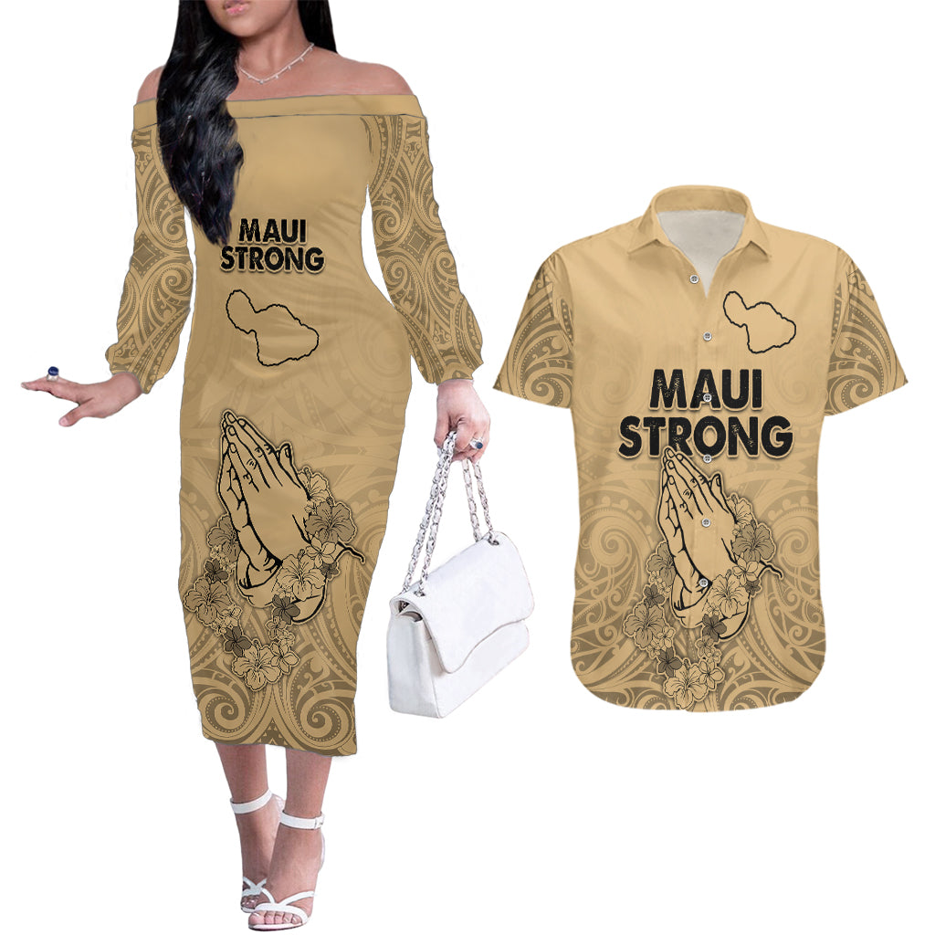 Hawaii Strong Maui Wildfire Couples Matching Off The Shoulder Long Sleeve Dress and Hawaiian Shirt No3 LT9 - Wonder Print Shop