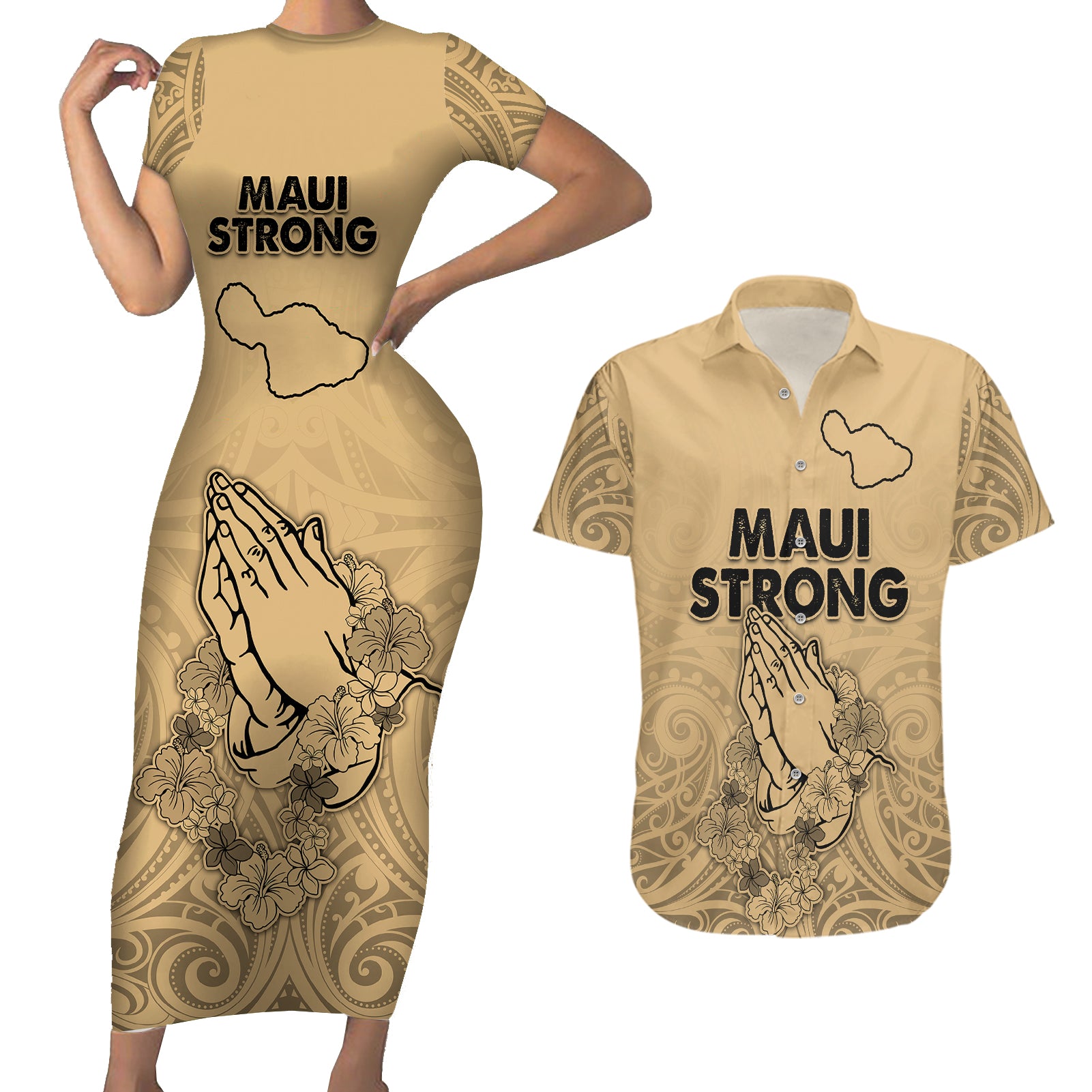 Hawaii Strong Maui Wildfire Couples Matching Short Sleeve Bodycon Dress and Hawaiian Shirt No3 LT9 - Wonder Print Shop
