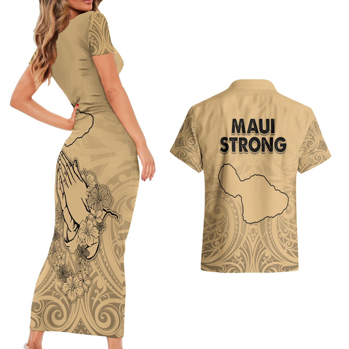 Hawaii Strong Maui Wildfire Couples Matching Short Sleeve Bodycon Dress and Hawaiian Shirt No3 LT9 - Wonder Print Shop