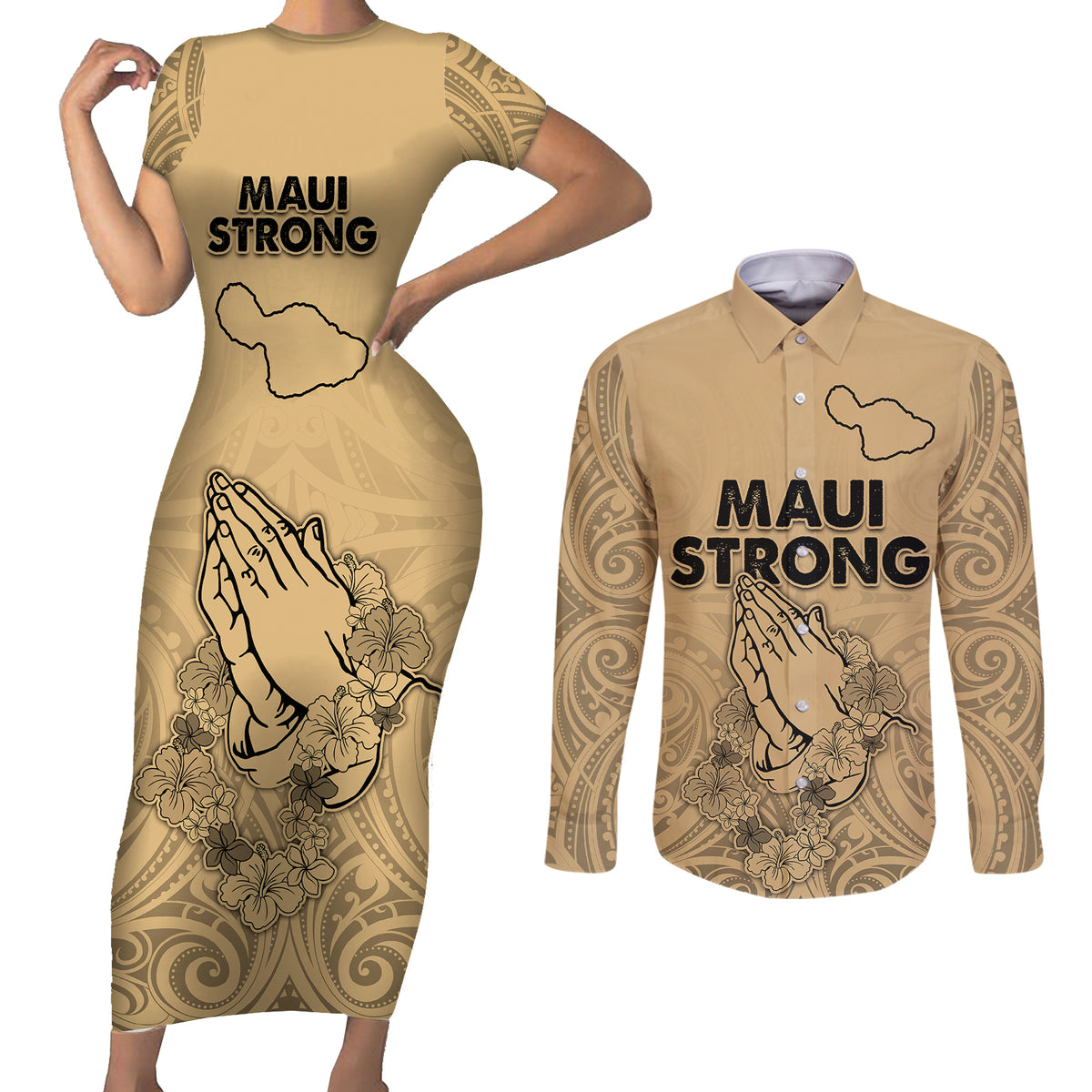 Hawaii Strong Maui Wildfire Couples Matching Short Sleeve Bodycon Dress and Long Sleeve Button Shirts No3 LT9 - Wonder Print Shop