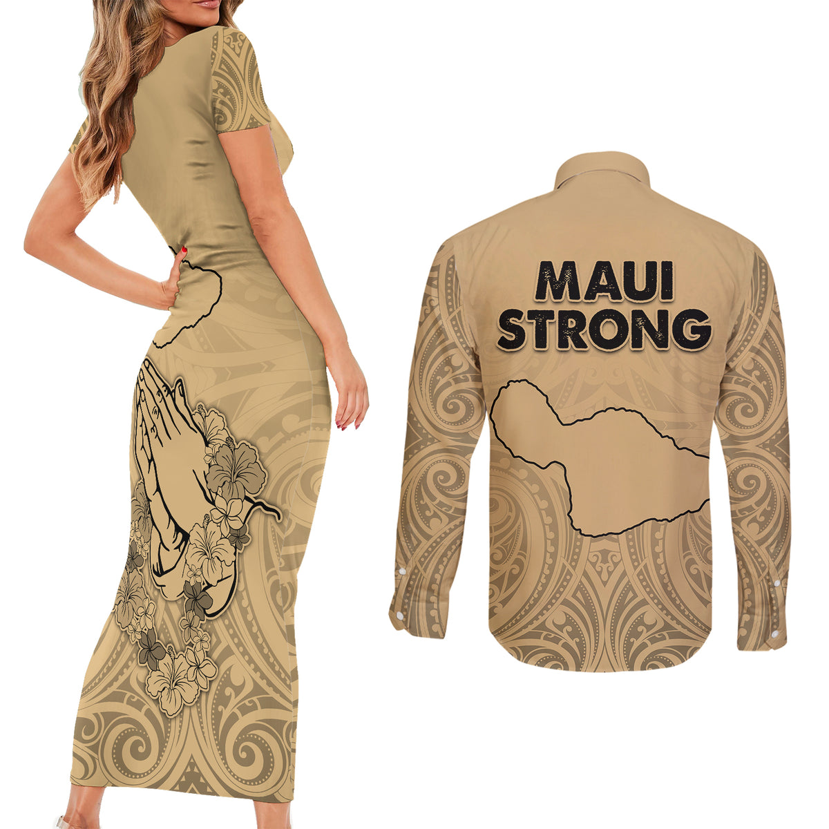 Hawaii Strong Maui Wildfire Couples Matching Short Sleeve Bodycon Dress and Long Sleeve Button Shirts No3 LT9 - Wonder Print Shop