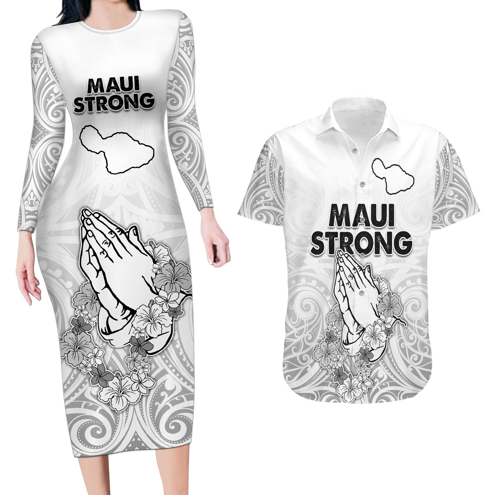 Hawaii Strong Maui Wildfire Couples Matching Long Sleeve Bodycon Dress and Hawaiian Shirt No4 LT9 - Wonder Print Shop