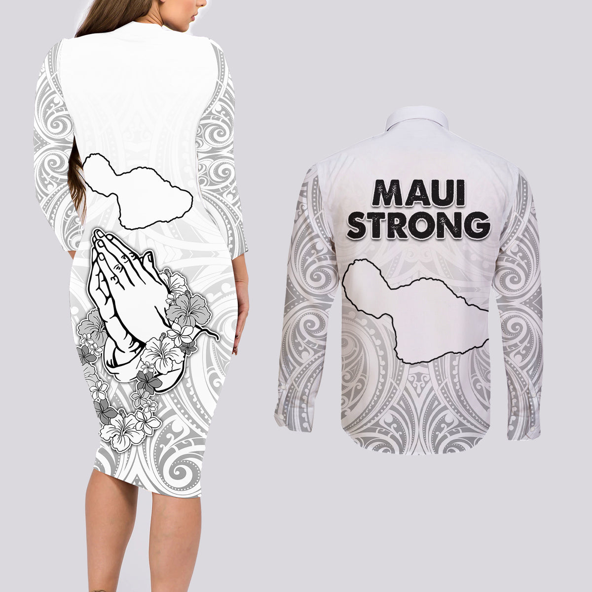 Hawaii Strong Maui Wildfire Couples Matching Long Sleeve Bodycon Dress and Long Sleeve Button Shirts No4 LT9 - Wonder Print Shop