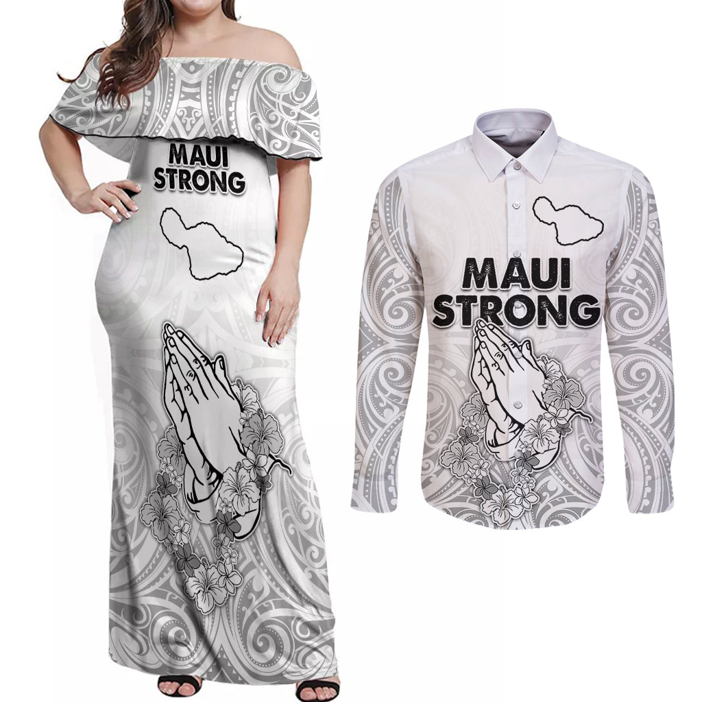 Hawaii Strong Maui Wildfire Couples Matching Off Shoulder Maxi Dress and Long Sleeve Button Shirts No4 LT9 - Wonder Print Shop