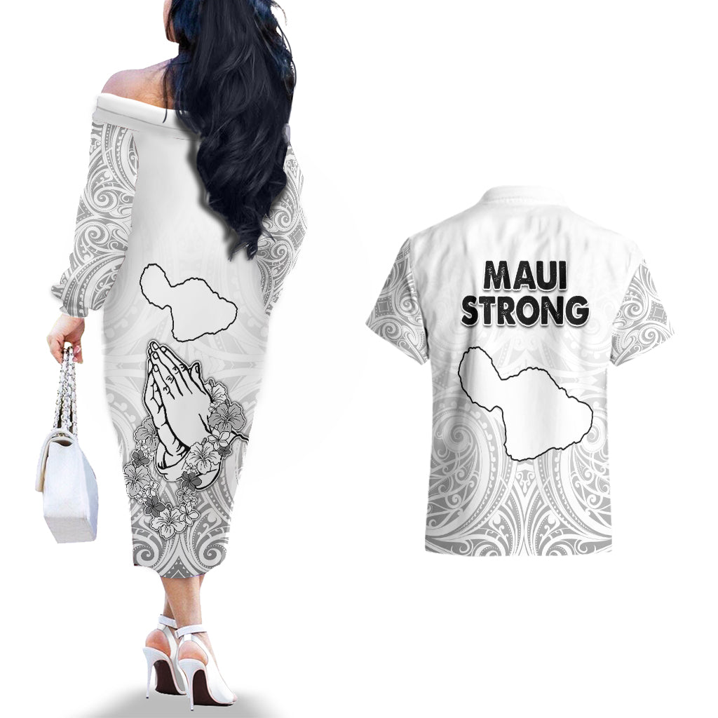 Hawaii Strong Maui Wildfire Couples Matching Off The Shoulder Long Sleeve Dress and Hawaiian Shirt No4 LT9 - Wonder Print Shop