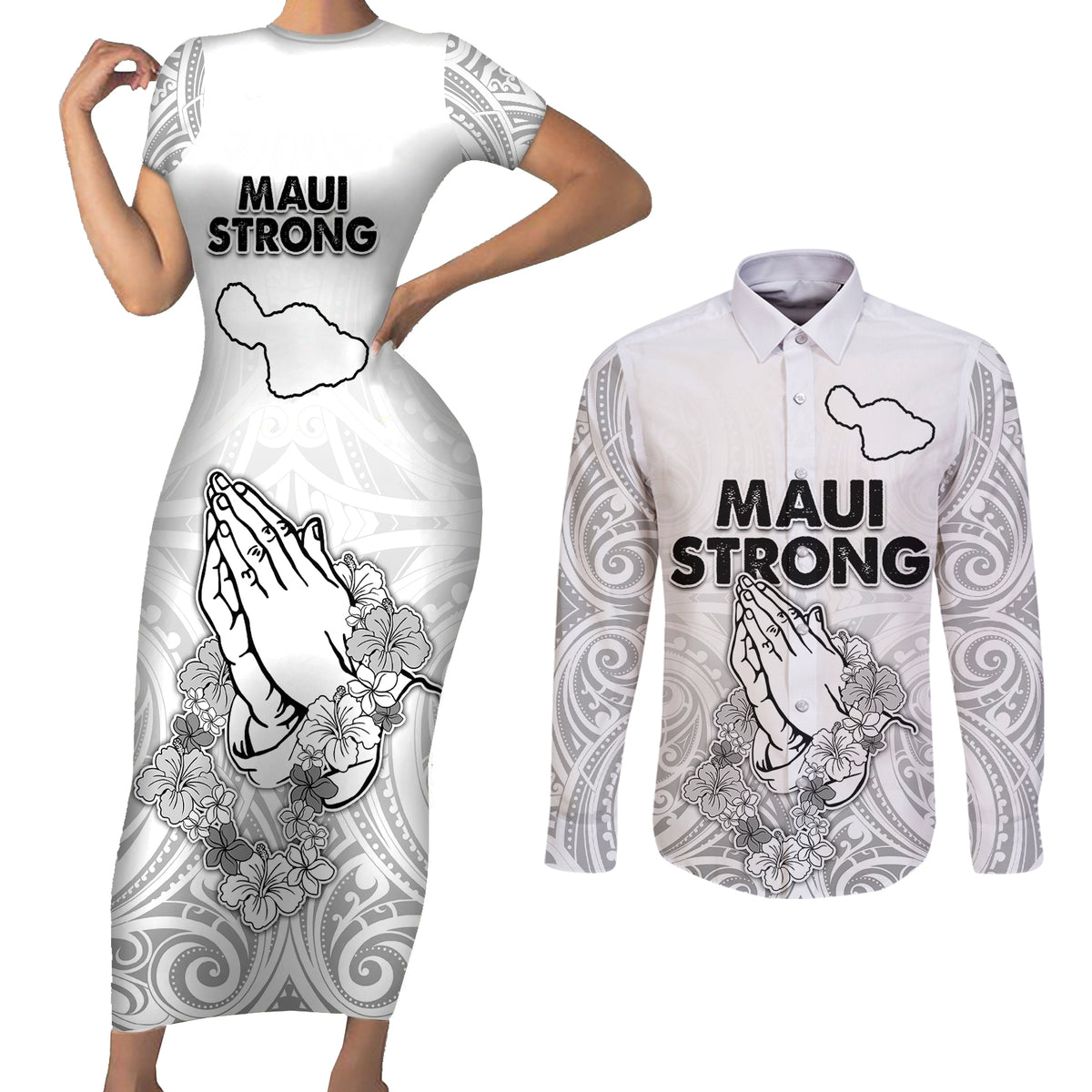 Hawaii Strong Maui Wildfire Couples Matching Short Sleeve Bodycon Dress and Long Sleeve Button Shirts No4 LT9 - Wonder Print Shop
