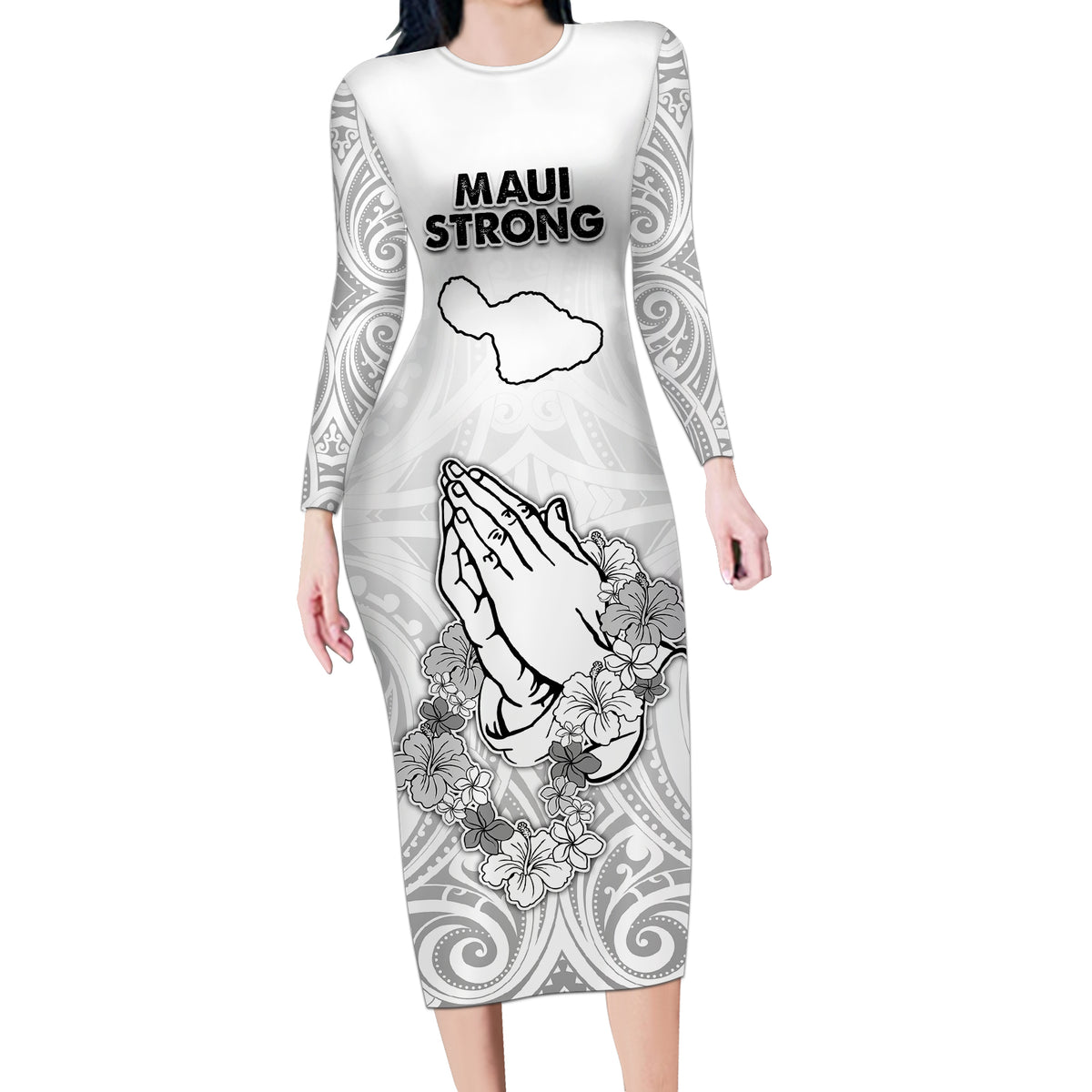 Hawaii Strong Maui Wildfire Long Sleeve Bodycon Dress No4 - Wonder Print Shop