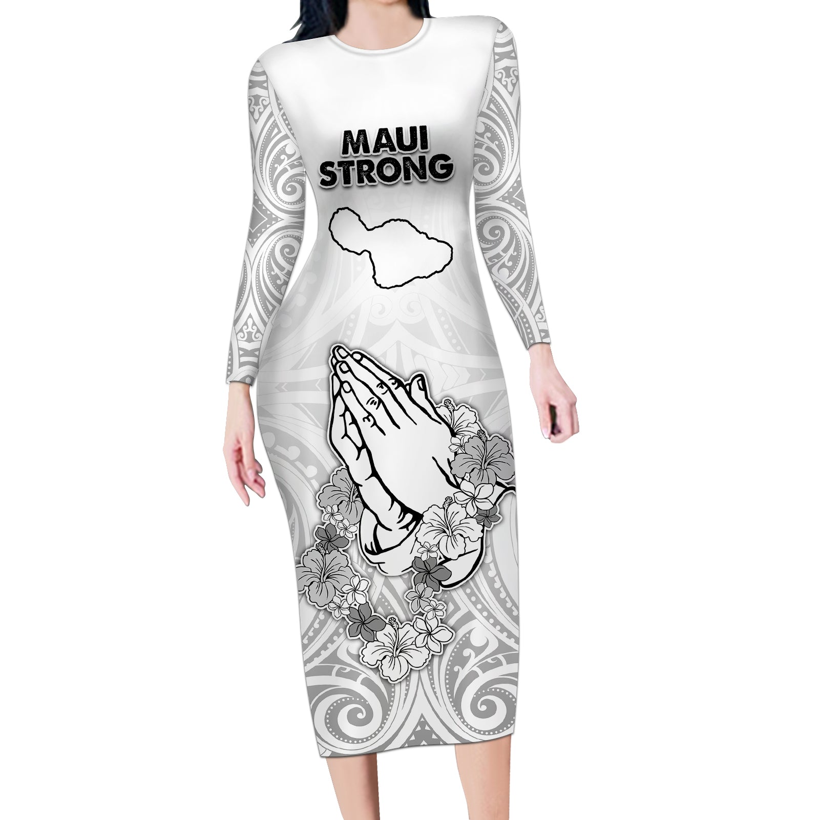 Hawaii Strong Maui Wildfire Long Sleeve Bodycon Dress No4 - Wonder Print Shop
