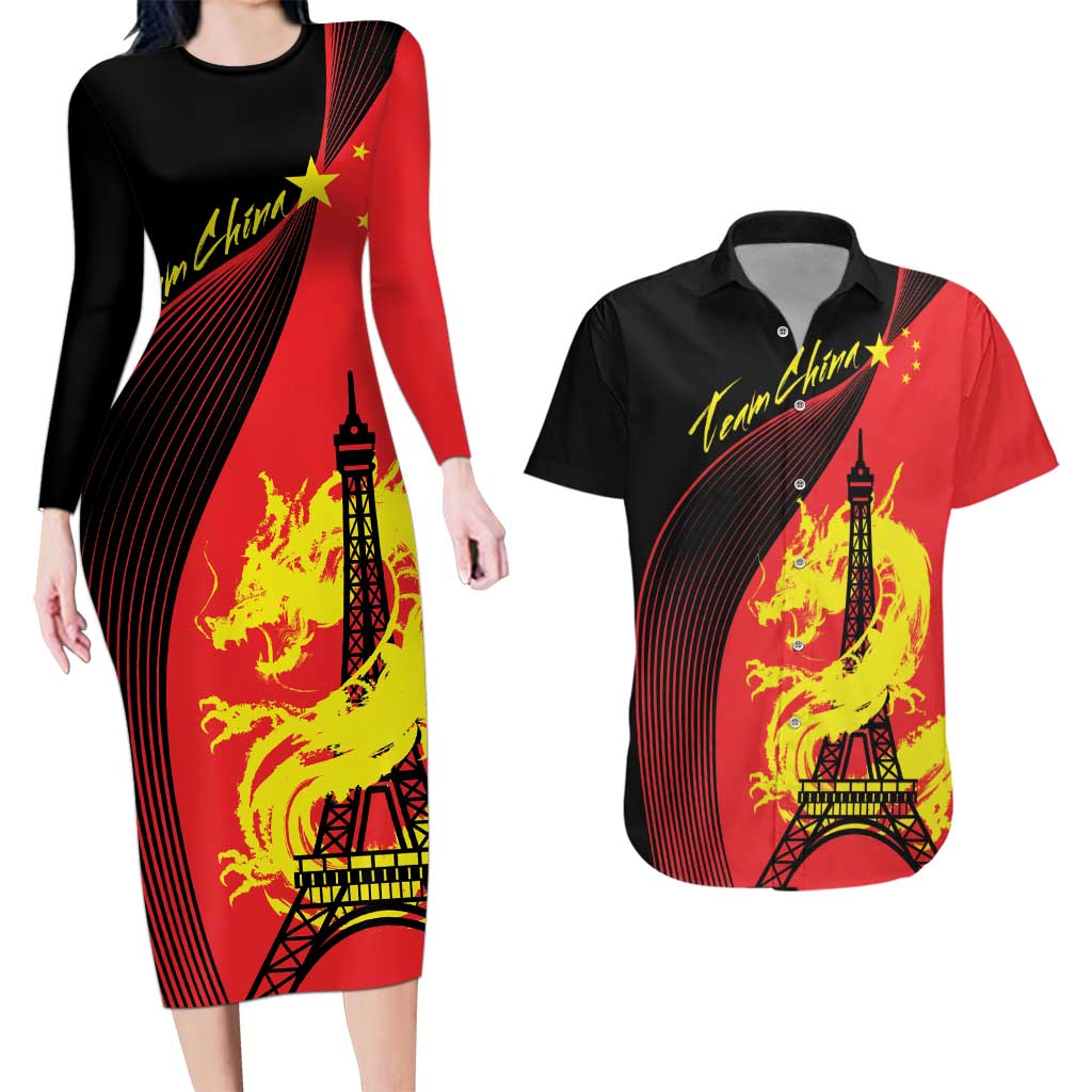 Personalized China Summer Sport Couples Matching Long Sleeve Bodycon Dress and Hawaiian Shirt Dragon With Eiffel Tower Go Paris 2024 LT9 - Wonder Print Shop