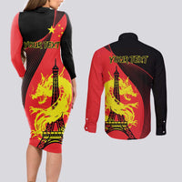 Personalized China Summer Sport Couples Matching Long Sleeve Bodycon Dress and Long Sleeve Button Shirt Dragon With Eiffel Tower Go Paris 2024 LT9 - Wonder Print Shop