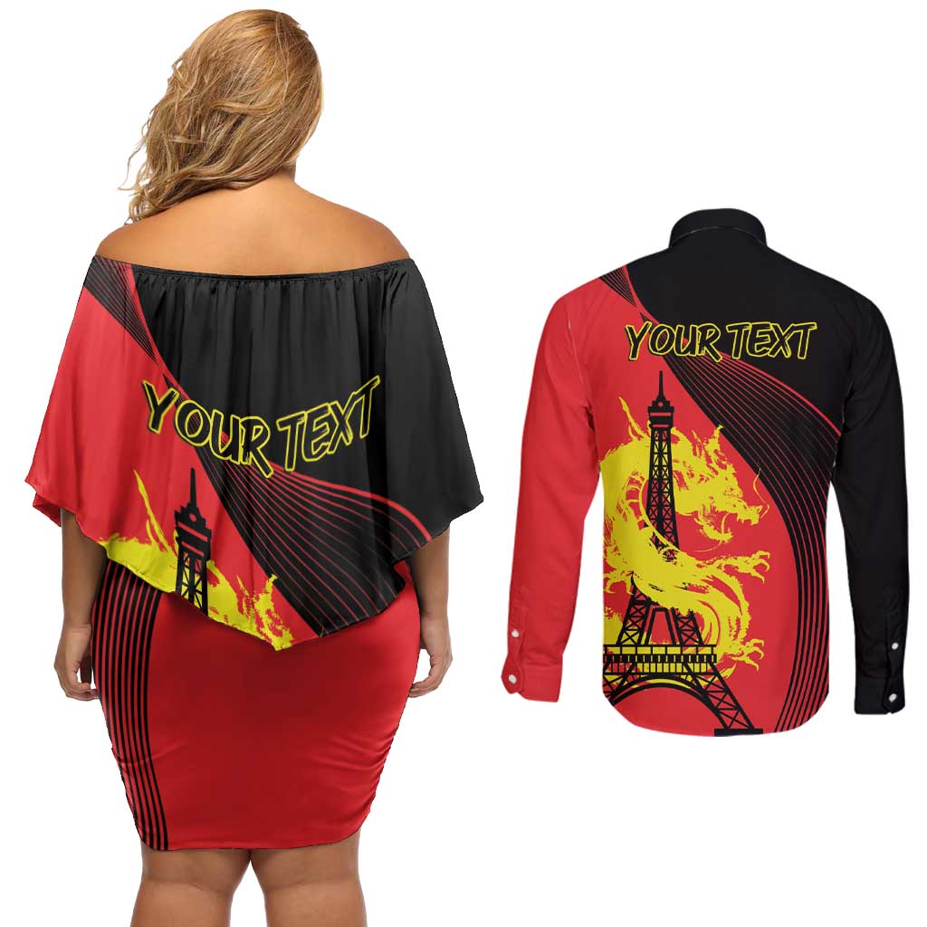 Personalized China Summer Sport Couples Matching Off Shoulder Short Dress and Long Sleeve Button Shirt Dragon With Eiffel Tower Go Paris 2024 LT9 - Wonder Print Shop