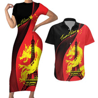 Personalized China Summer Sport Couples Matching Short Sleeve Bodycon Dress and Hawaiian Shirt Dragon With Eiffel Tower Go Paris 2024 LT9 - Wonder Print Shop