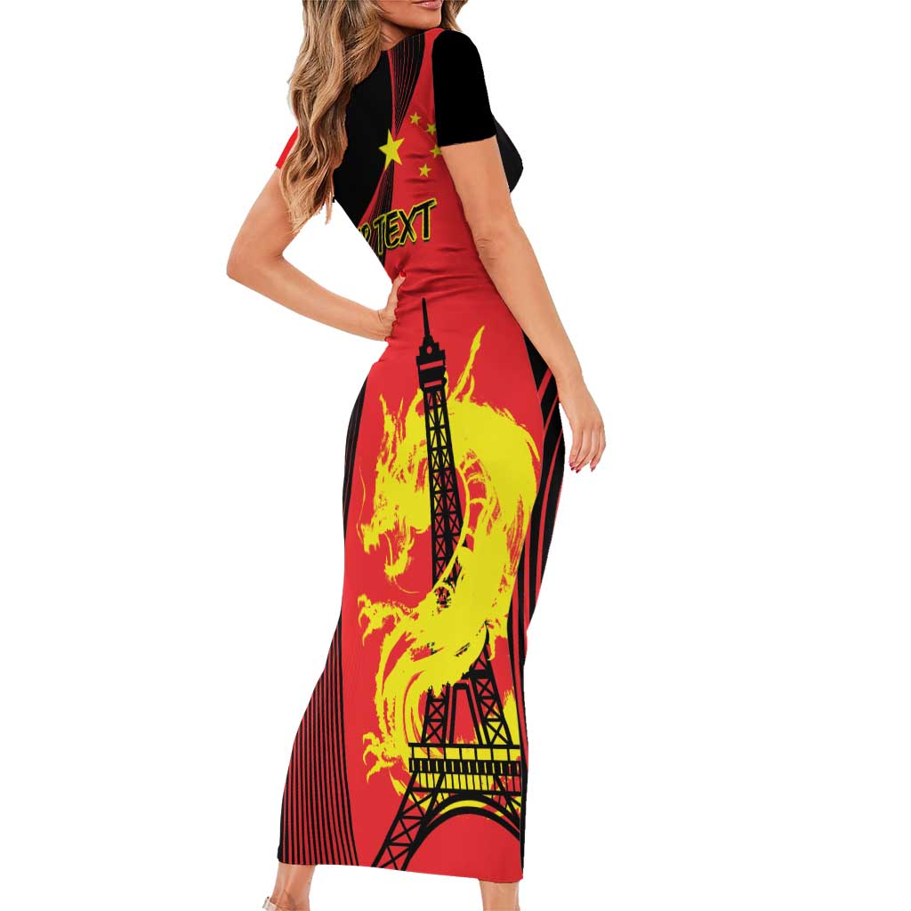 Personalized China Summer Sport Family Matching Short Sleeve Bodycon Dress and Hawaiian Shirt Dragon With Eiffel Tower Go Paris 2024 - Wonder Print Shop