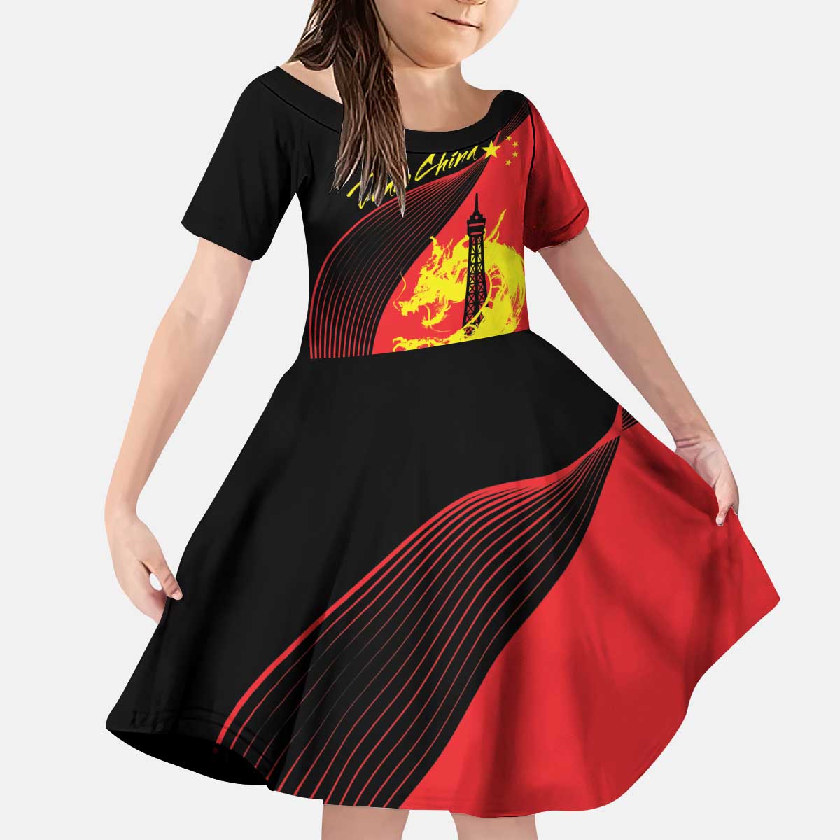 Personalized China Summer Sport Kid Short Sleeve Dress Dragon With Eiffel Tower Go Paris 2024 - Wonder Print Shop