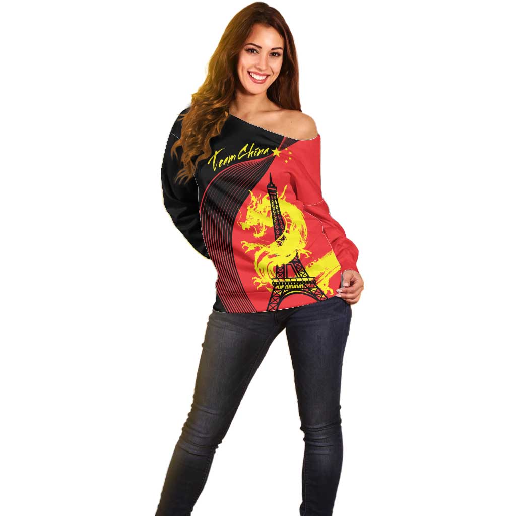 Personalized China Summer Sport Off Shoulder Sweater Dragon With Eiffel Tower Go Paris 2024 - Wonder Print Shop