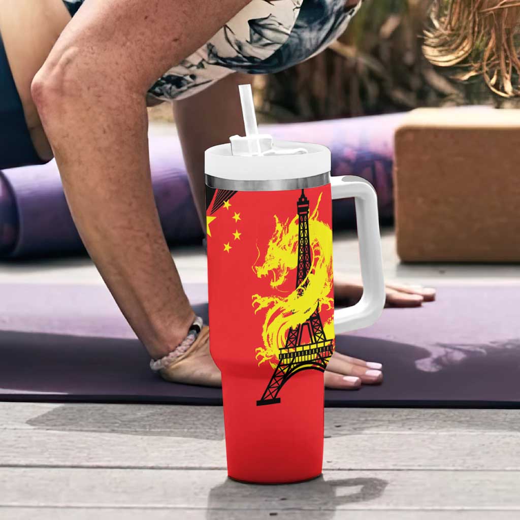 Personalized China Summer Sport Tumbler With Handle Dragon With Eiffel Tower Go Paris 2024 - Wonder Print Shop