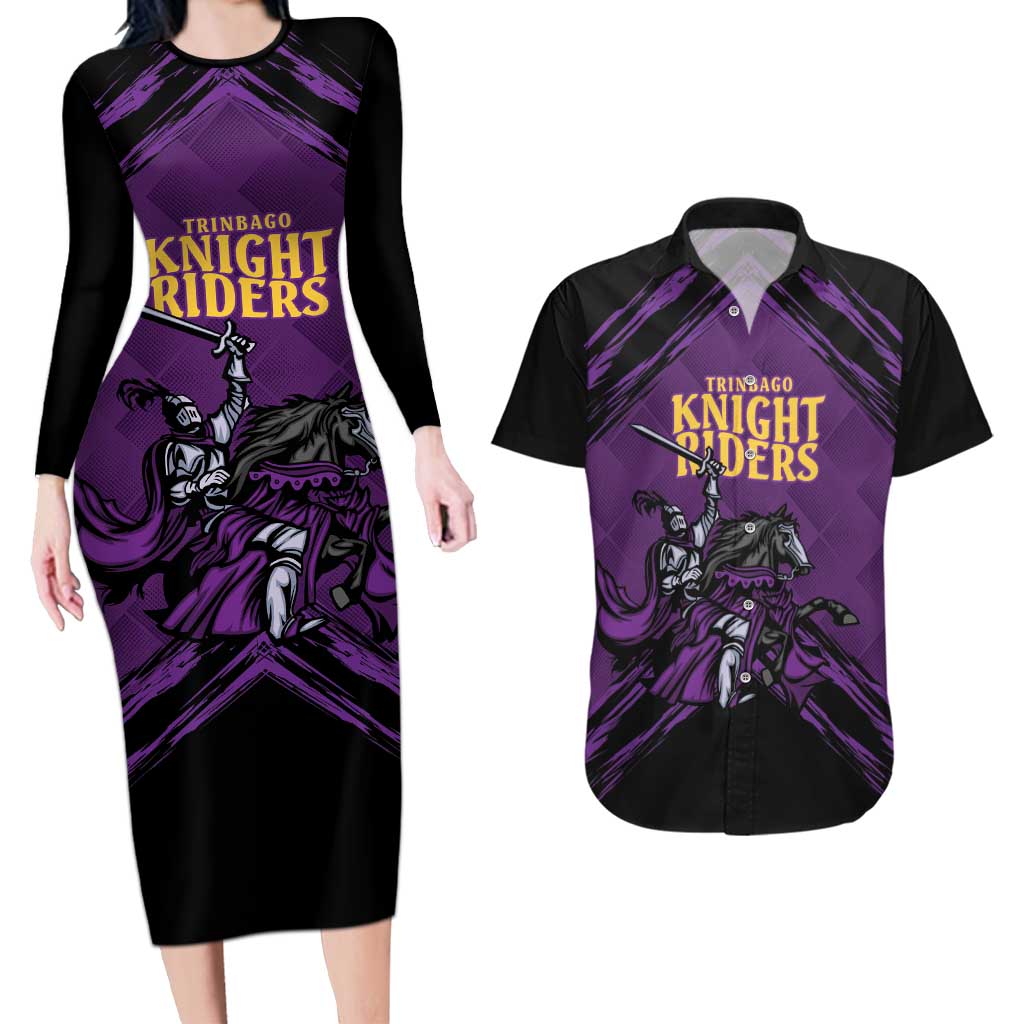 Custom Caribbean Cricket Trinidad and Tobago Cricket Couples Matching Long Sleeve Bodycon Dress and Hawaiian Shirt TKR Champions 2025 Purple Edition - Wonder Print Shop